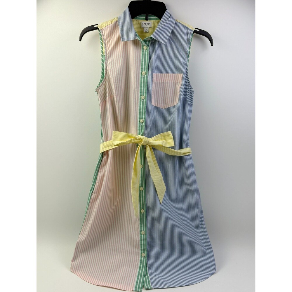 J Crew Oxford Multi Stripe Pastel Sleeveless Shirt Dress Bow Tie Belt Resort 2